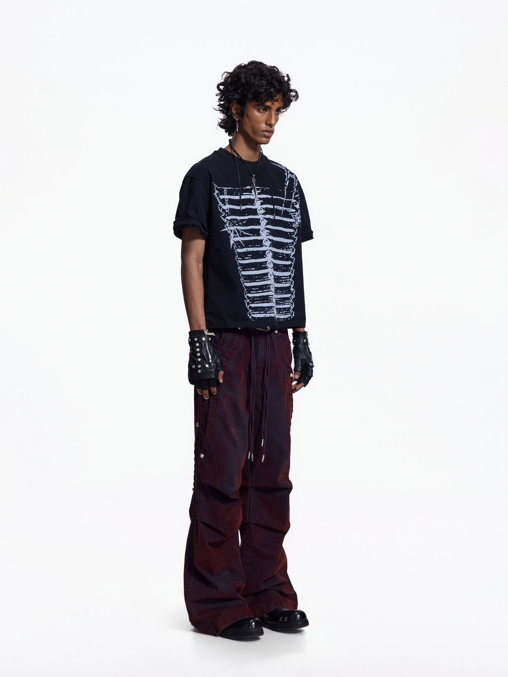 Flyerrer Vintage Washed Red Denim, Twin Flocked Structural Design Wide Leg Casual Pants FR343