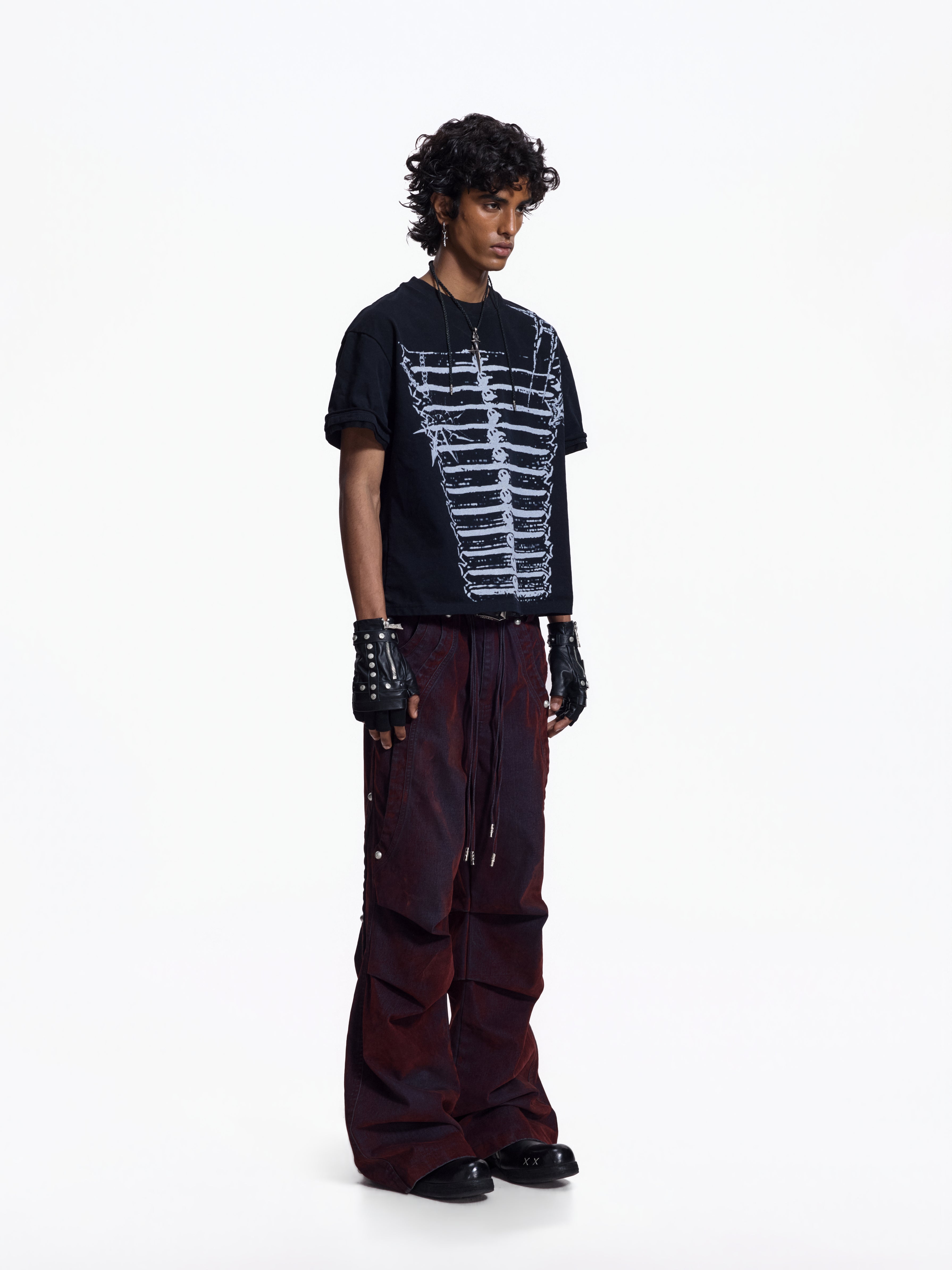 Flyerrer Vintage Washed Red Denim, Twin Flocked Structural Design Wide Leg Casual Pants FR343