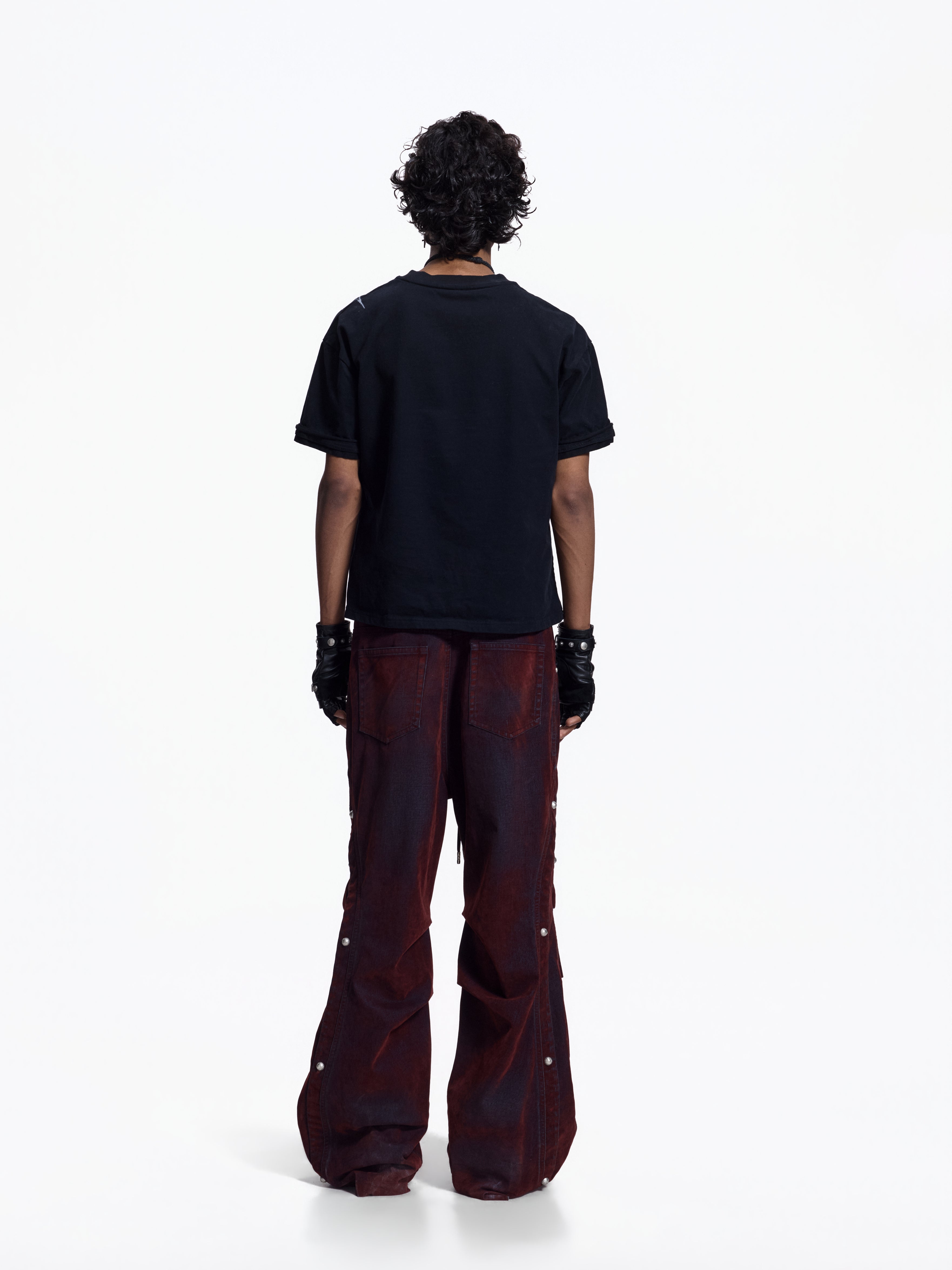 Flyerrer Vintage Washed Red Denim, Twin Flocked Structural Design Wide Leg Casual Pants FR343