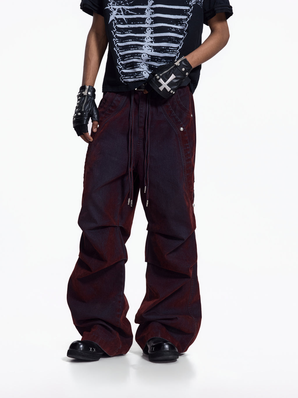 Flyerrer Vintage Washed Red Denim, Twin Flocked Structural Design Wide Leg Casual Pants FR343