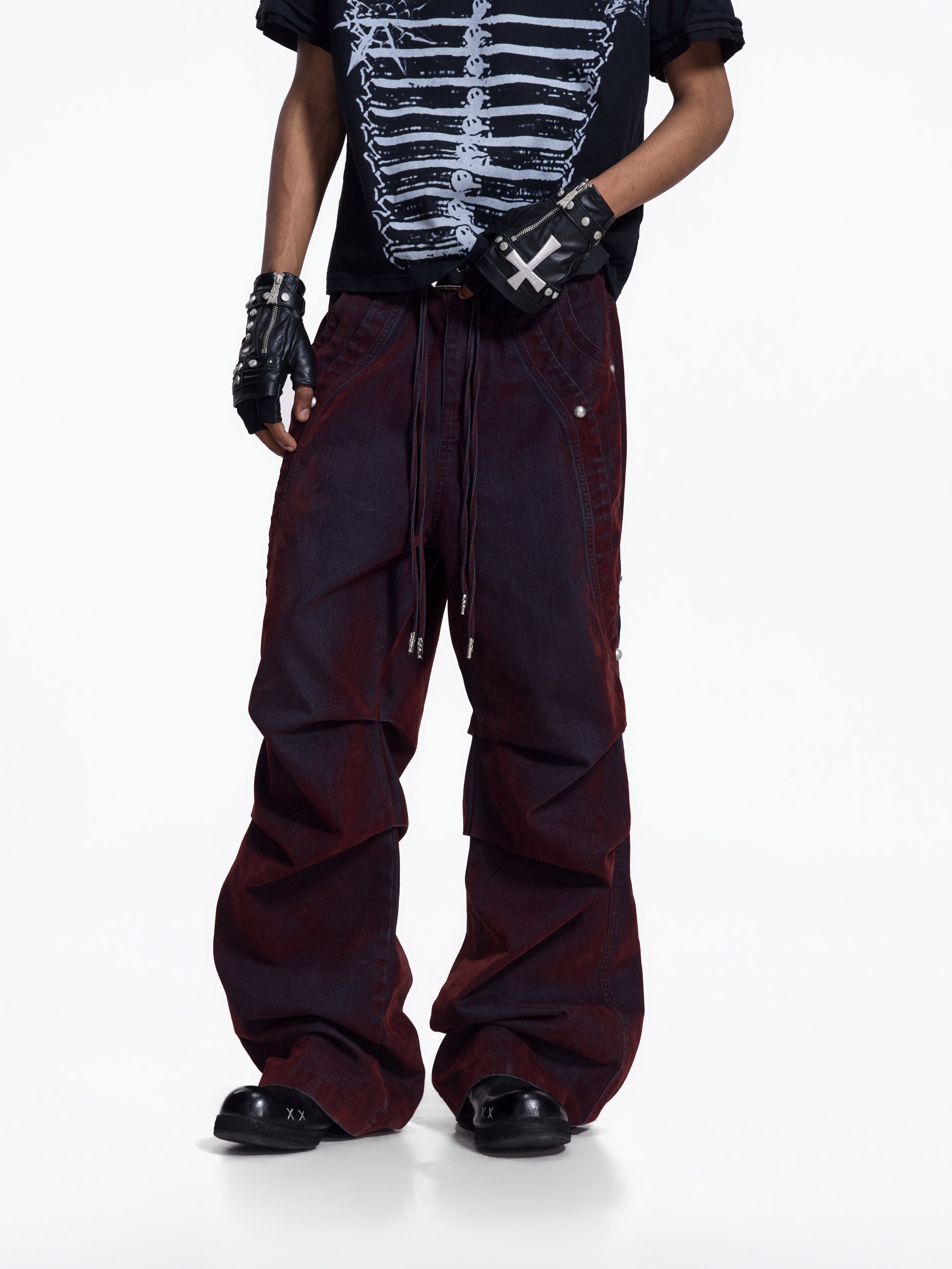 Flyerrer Vintage Washed Red Denim, Twin Flocked Structural Design Wide Leg Casual Pants FR343