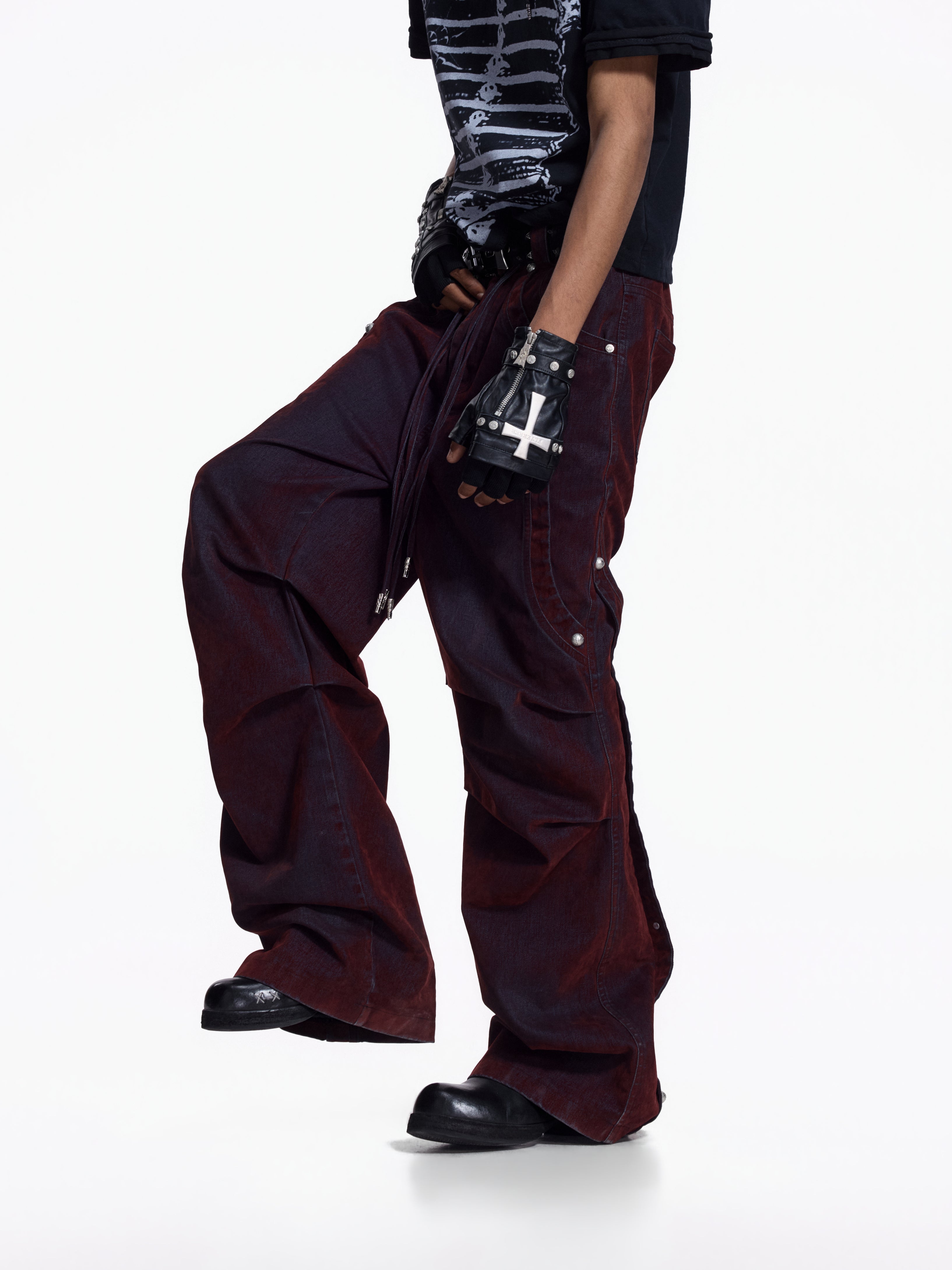 Flyerrer Vintage Washed Red Denim, Twin Flocked Structural Design Wide Leg Casual Pants FR343