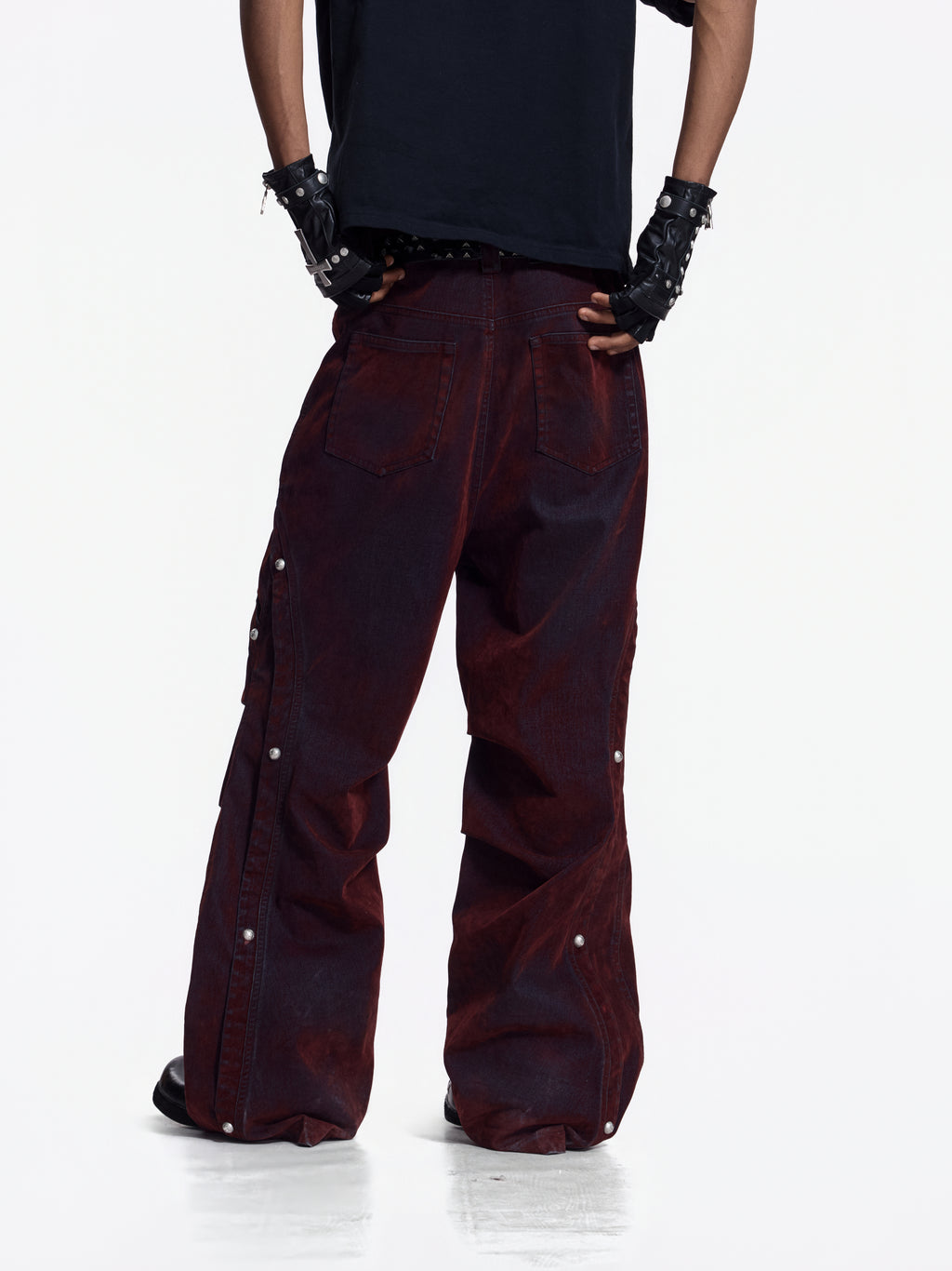 Flyerrer Vintage Washed Red Denim, Twin Flocked Structural Design Wide Leg Casual Pants FR343