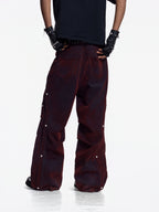 Flyerrer Vintage Washed Red Denim, Twin Flocked Structural Design Wide Leg Casual Pants FR343