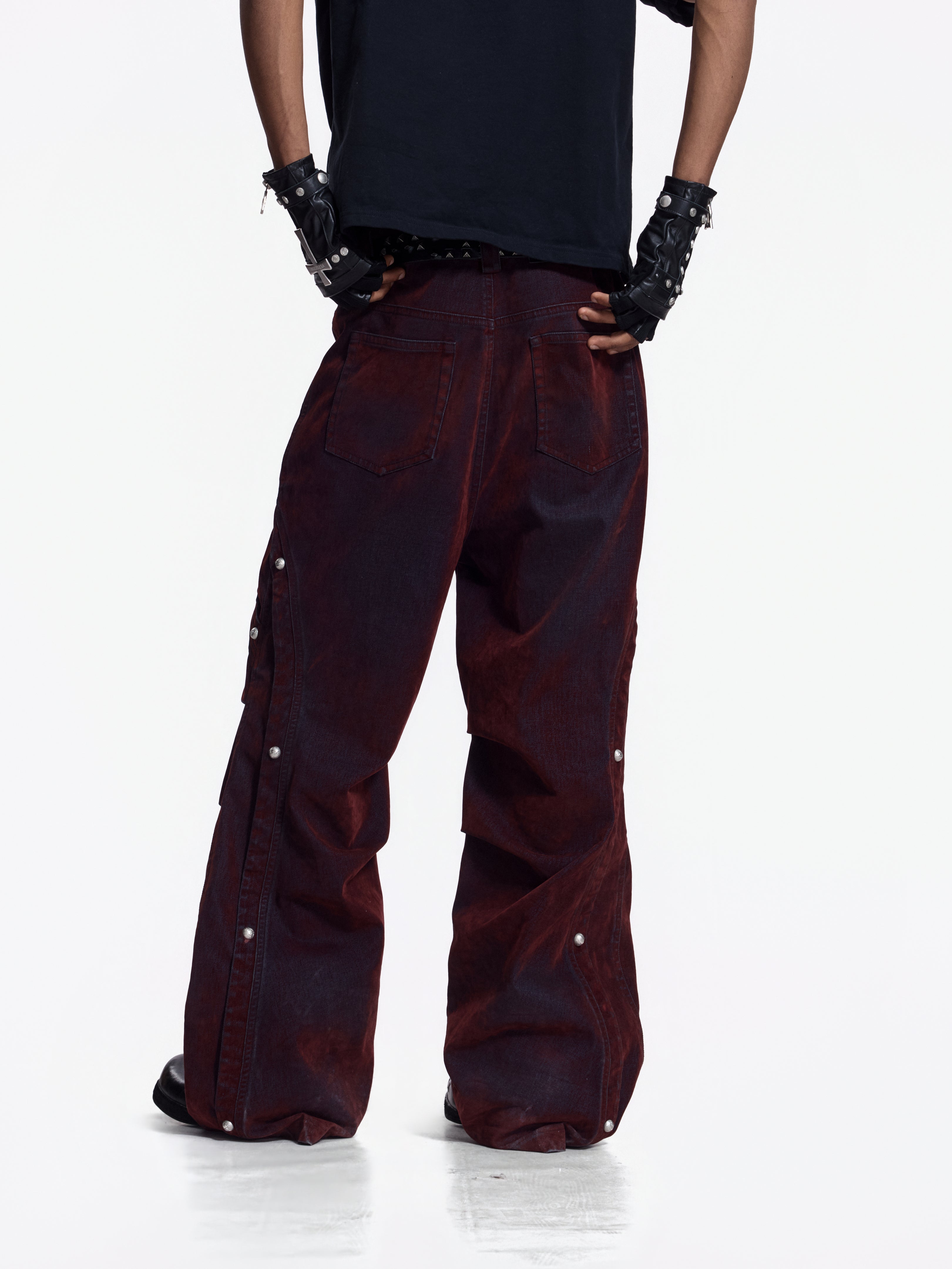 Flyerrer Vintage Washed Red Denim, Twin Flocked Structural Design Wide Leg Casual Pants FR343