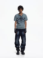 Flyerrer Vintage Court Raglan Print Button Rib Cropped Tee FR337