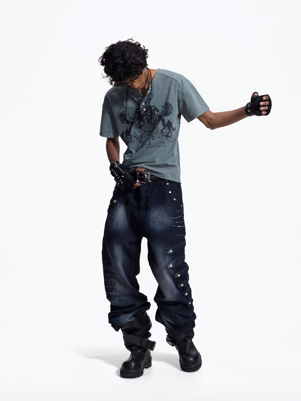 Flyerrer Street Court Claw Print Washed Wide Leg Jeans FR342