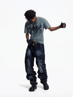 Flyerrer Street Court Claw Print Washed Wide Leg Jeans FR342
