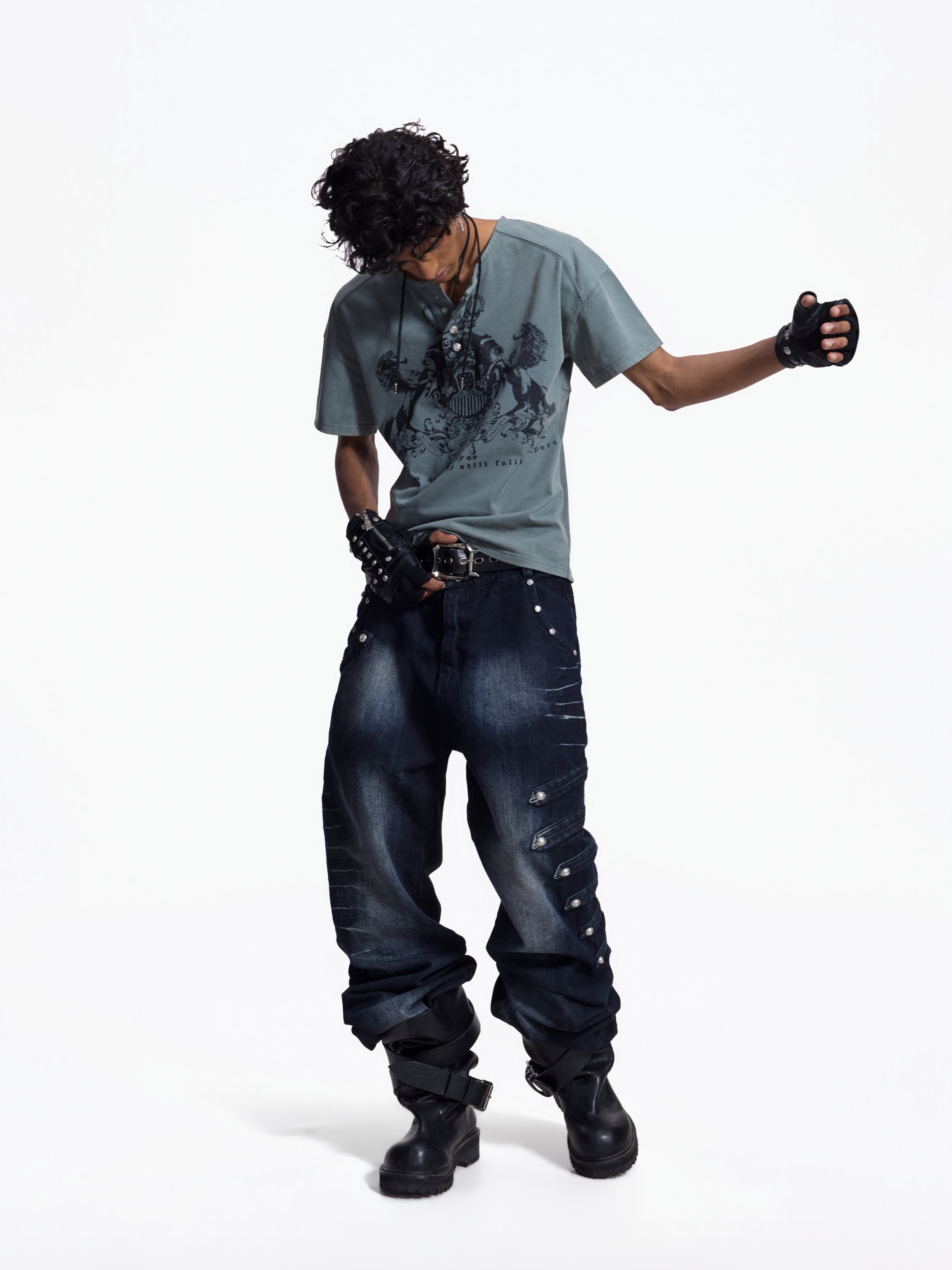 Flyerrer Street Court Claw Print Washed Wide Leg Jeans FR342