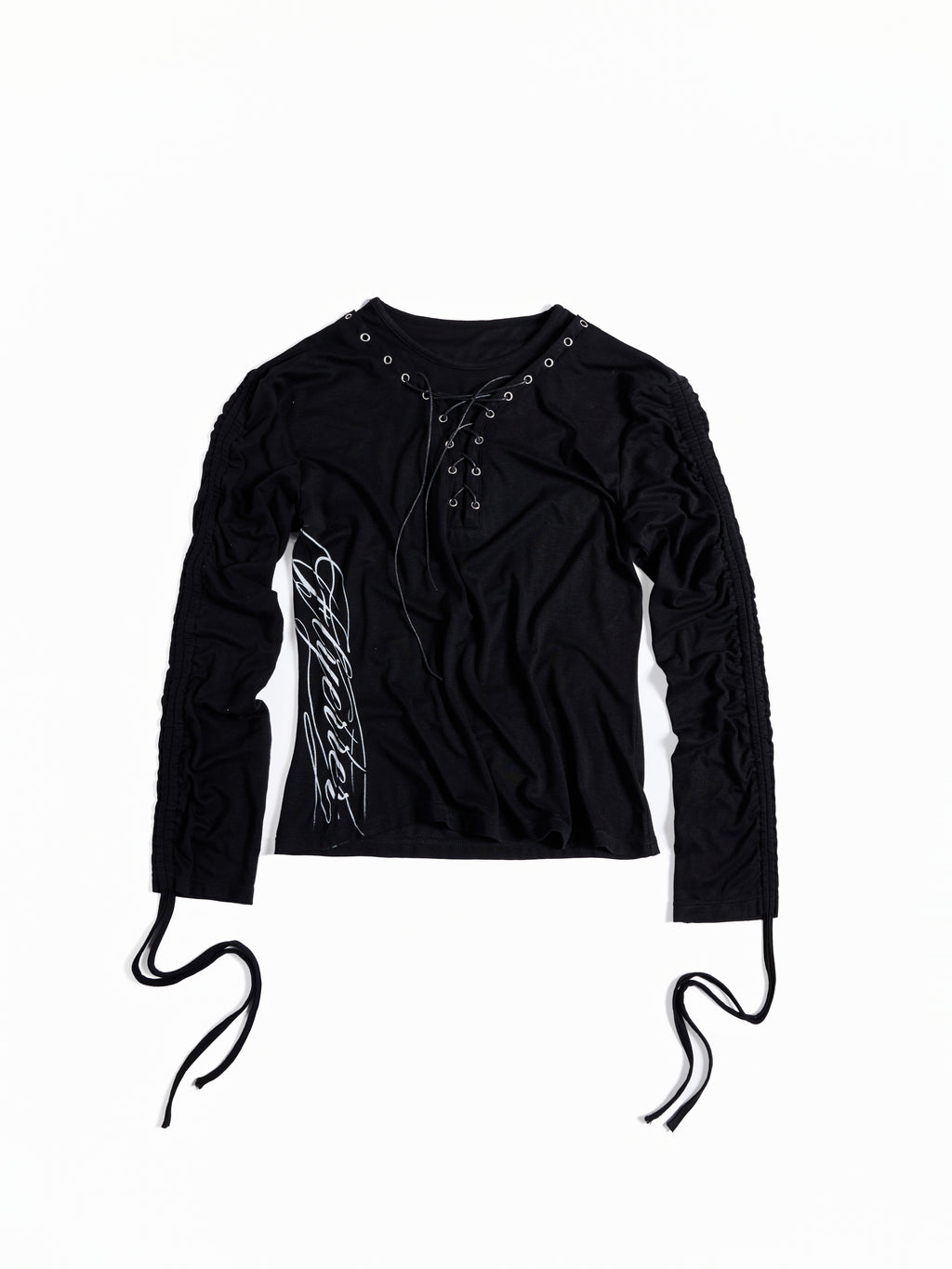 Flyerrer Dark‑Punk Gathered‑Ribbon Strap Printed Wool Base‑Layer Tee FR384