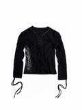 Flyerrer Dark‑Punk Gathered‑Ribbon Strap Printed Wool Base‑Layer Tee FR384