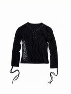 Flyerrer Dark‑Punk Gathered‑Ribbon Strap Printed Wool Base‑Layer Tee FR384
