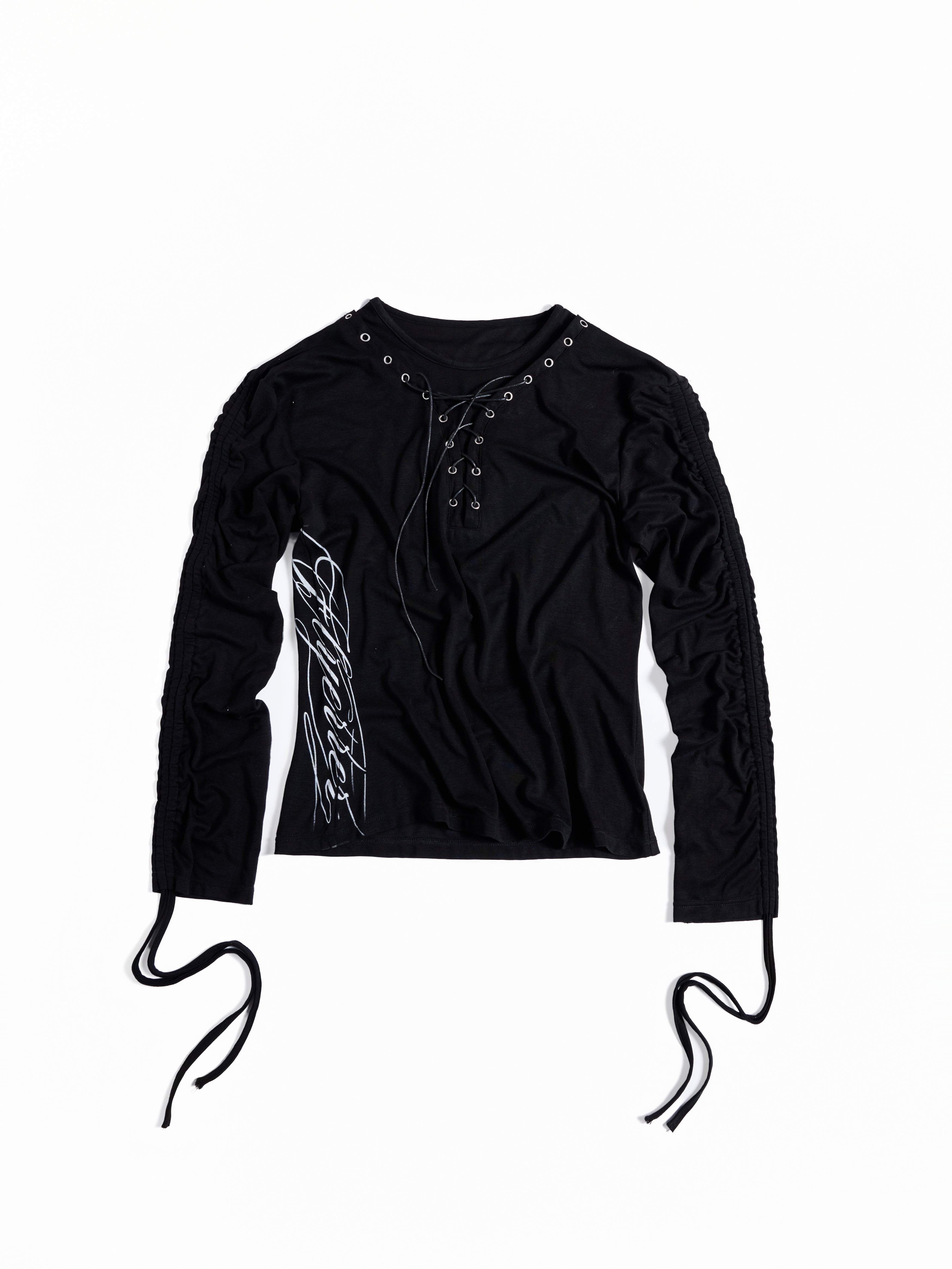 Flyerrer Dark‑Punk Gathered‑Ribbon Strap Printed Wool Base‑Layer Tee FR384