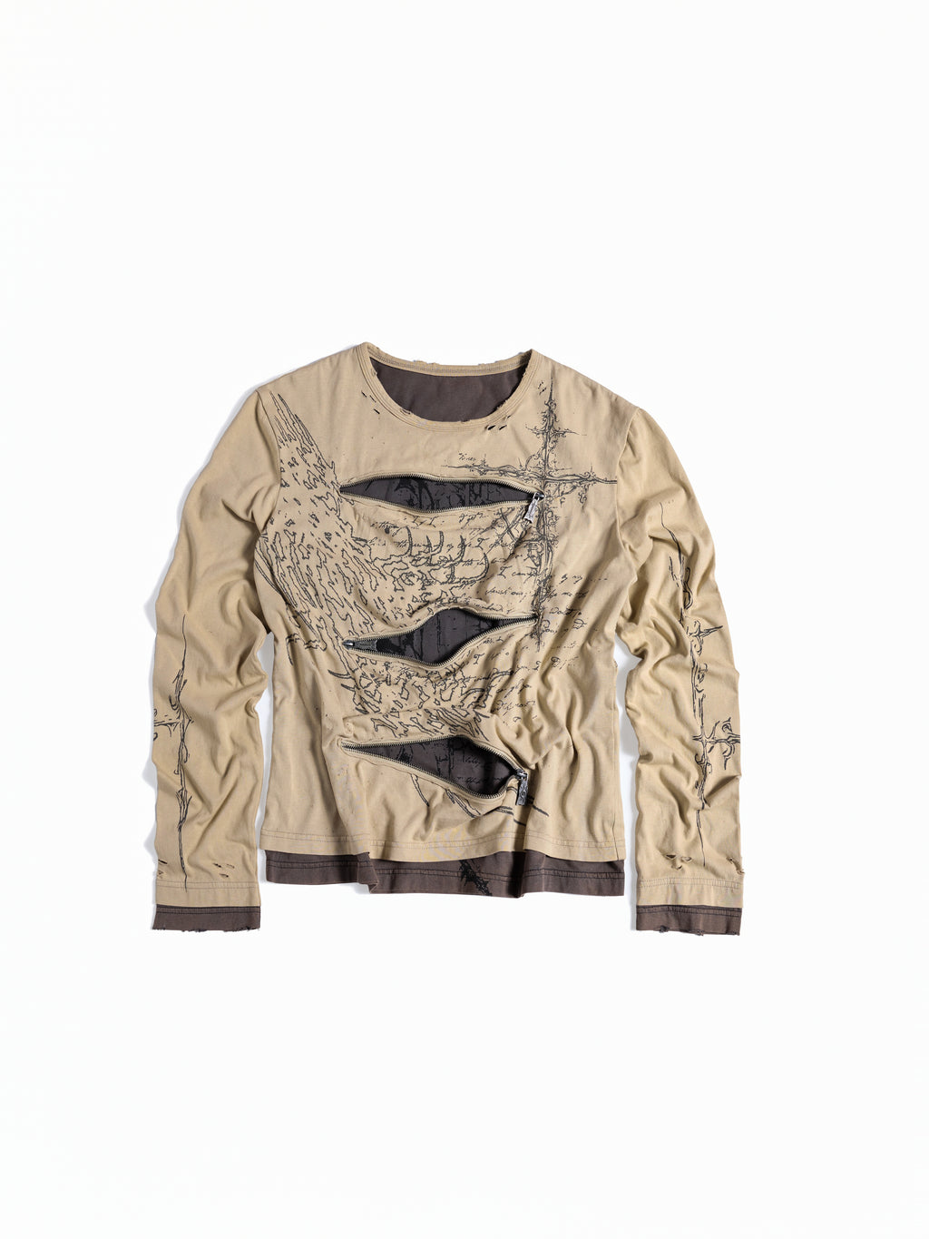 FLYERRER Vintage Manuscript Print Seam‑Split Zipper Layered‑Look Top FR367
