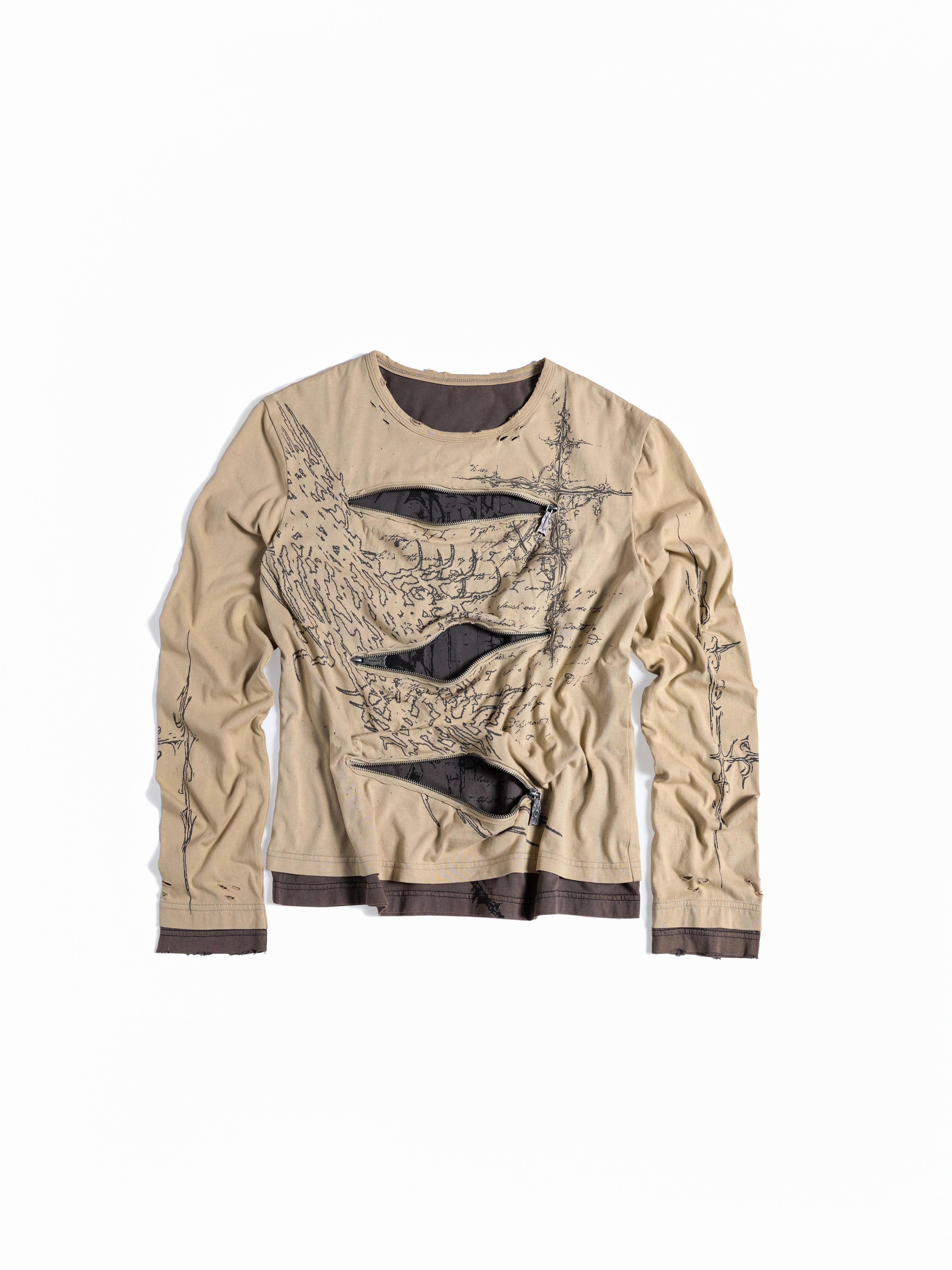 FLYERRER Vintage Manuscript Print Seam‑Split Zipper Layered‑Look Top FR367
