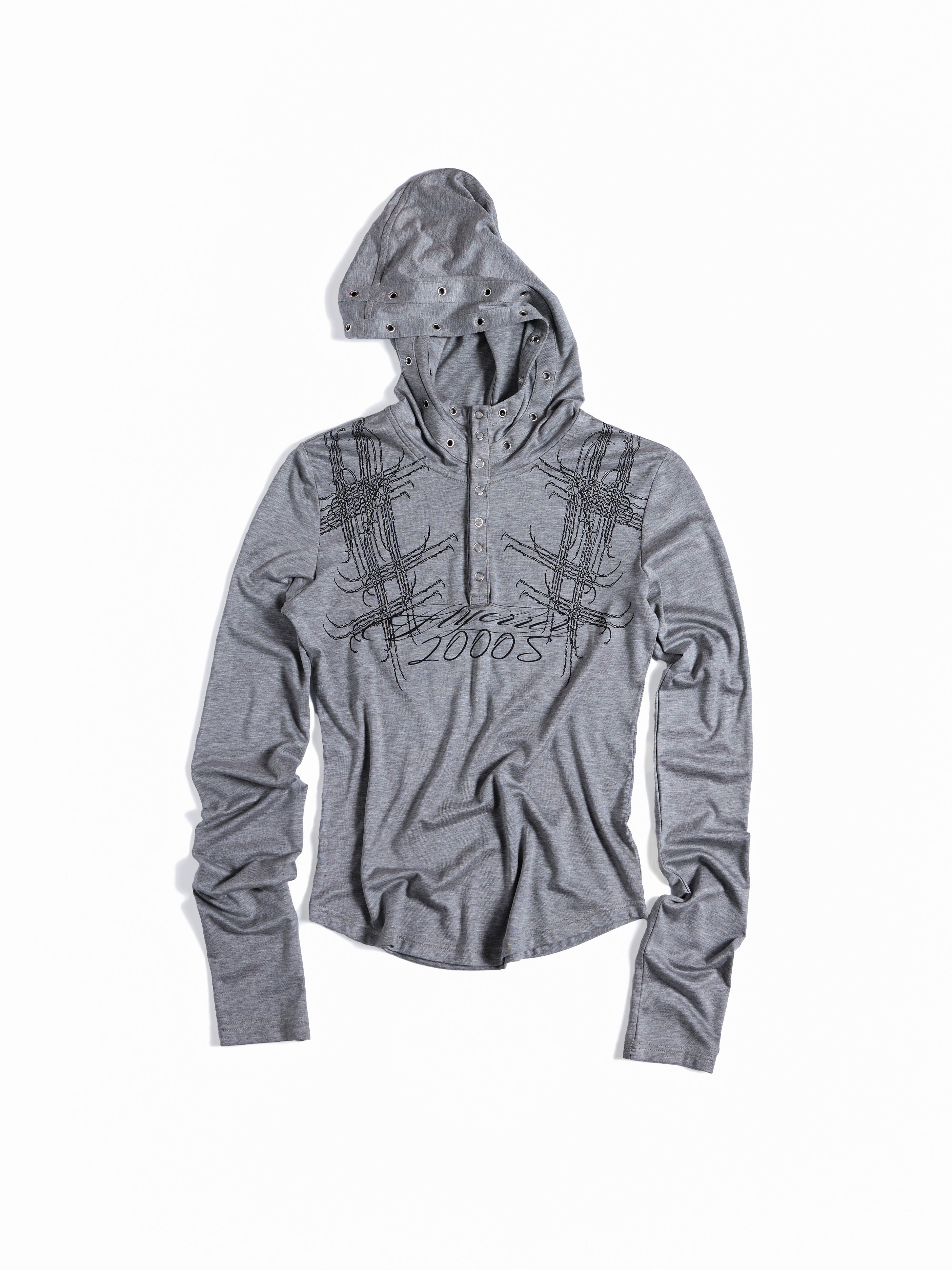 Flyerrer Punk Y2K Eyelet Hooded Henley Wool Base‑Layer Top FR381