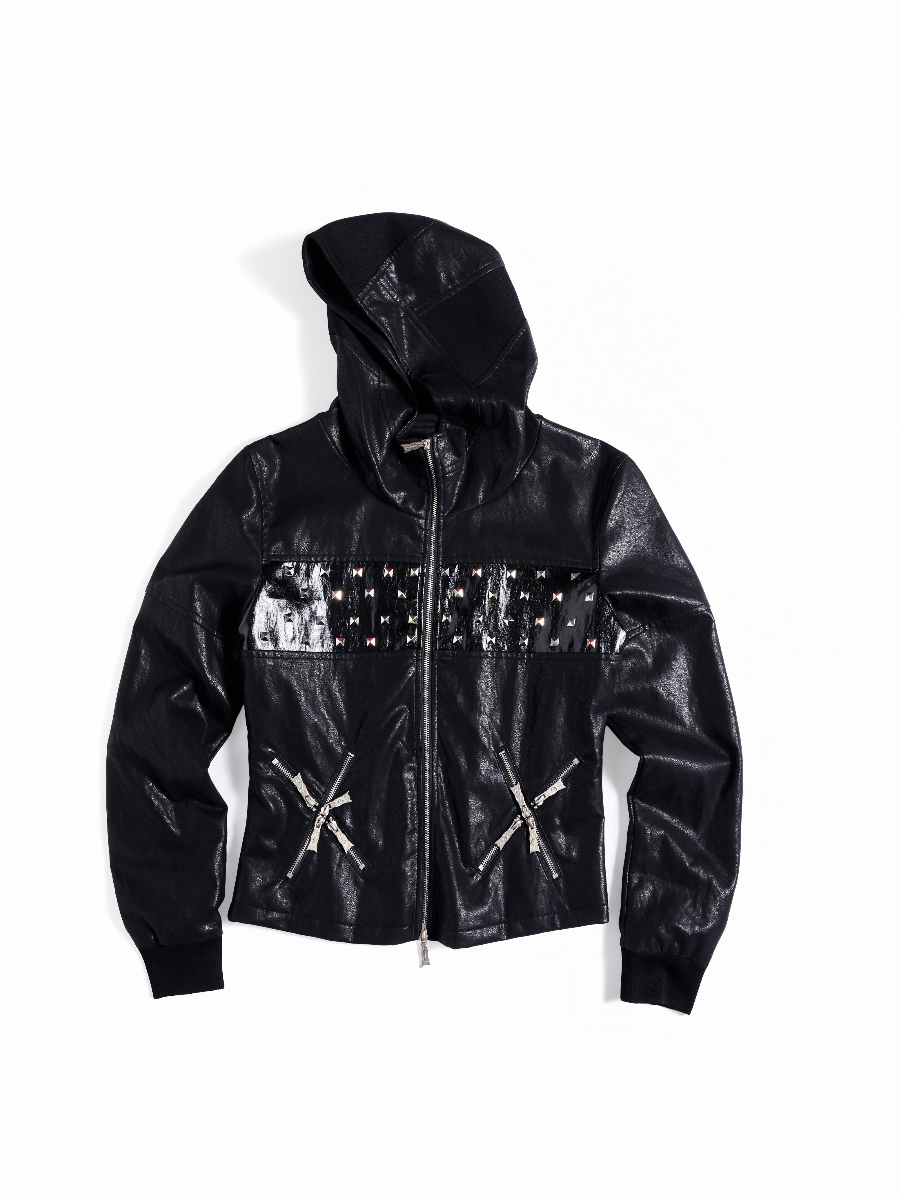 Flyerrer Punk Studded Patchwork Hooded Faux‑Leather Jacket FR382