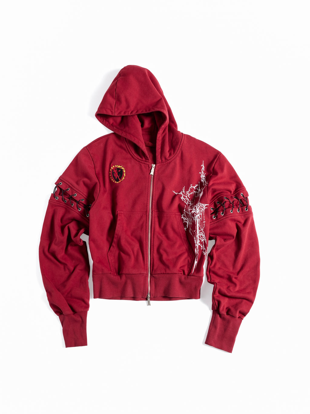 Flyerrer Punk Cropped Wax‑Cord Strap‑Sleeve Zip‑Up Hoodie  FR377