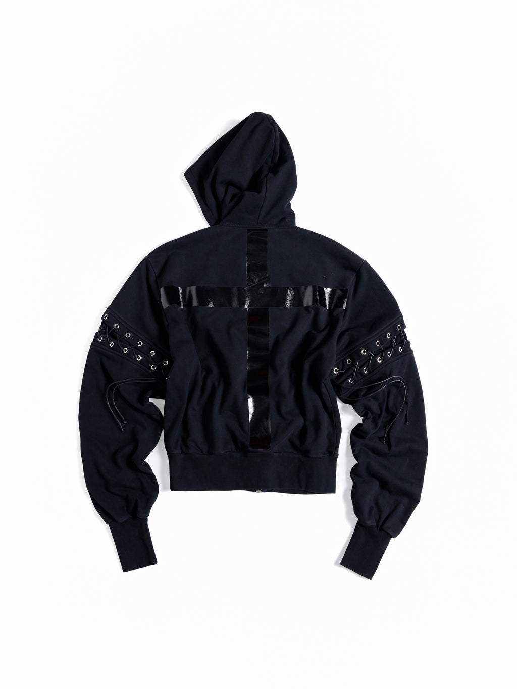Flyerrer Punk Cropped Wax‑Cord Strap‑Sleeve Zip‑Up Hoodie  FR377