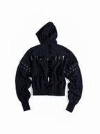 Flyerrer Punk Cropped Wax‑Cord Strap‑Sleeve Zip‑Up Hoodie  FR377
