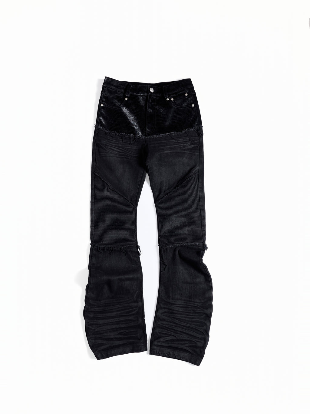 Flyerrer Cretaceous Patchwork‑Leather Vintage Stacked Jeans FR369