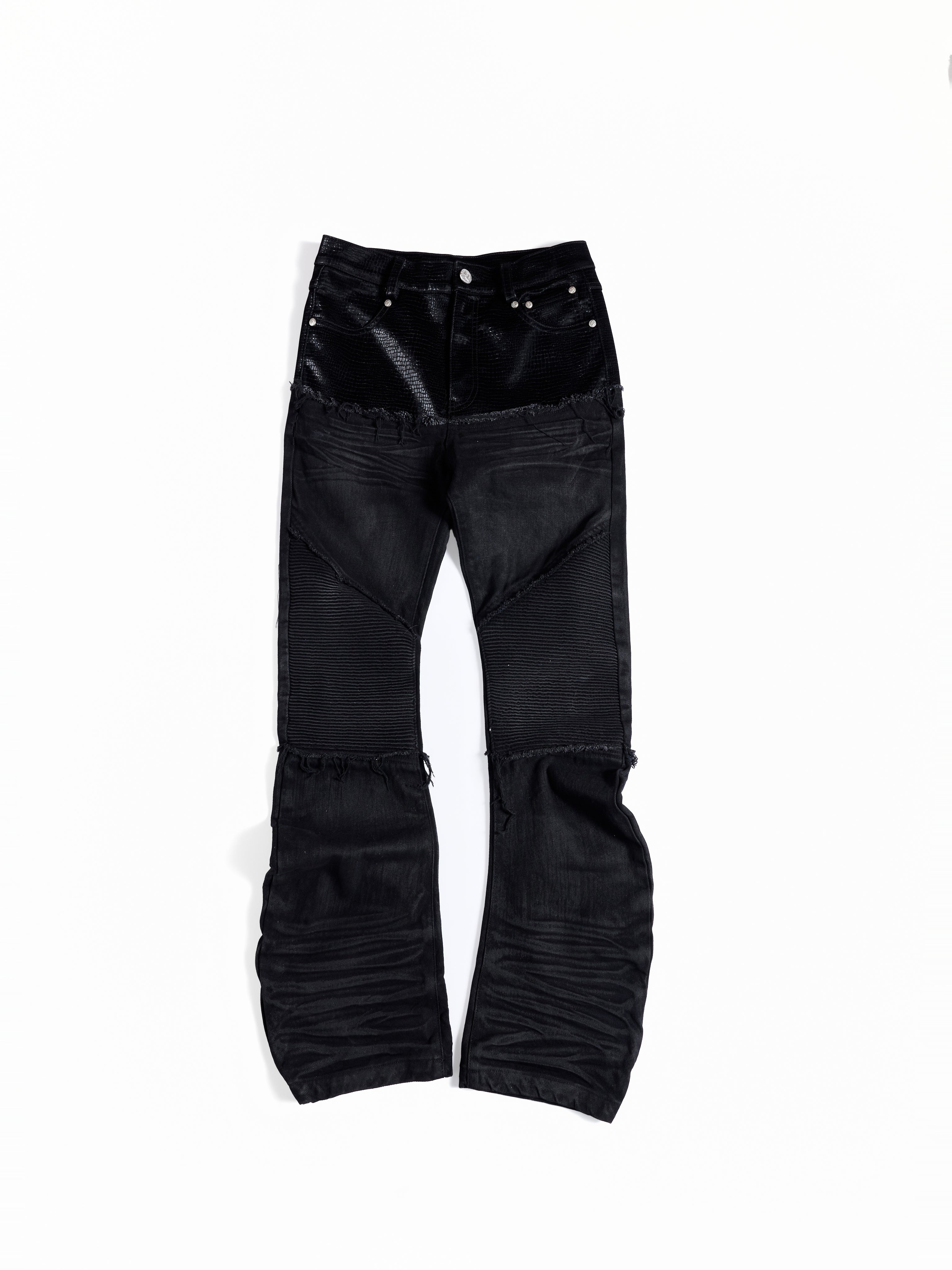 Flyerrer Cretaceous Patchwork‑Leather Vintage Stacked Jeans FR369