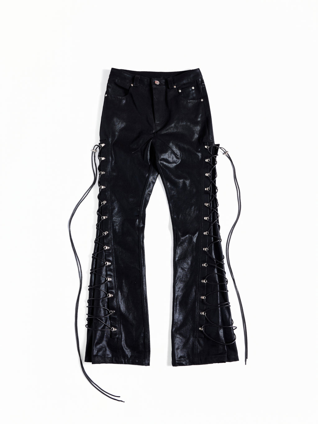 FLYERRER Wax‑Cord Strap Boot‑Cut Faux‑Leather Pants FR374