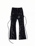 FLYERRER Wax‑Cord Strap Boot‑Cut Faux‑Leather Pants FR374