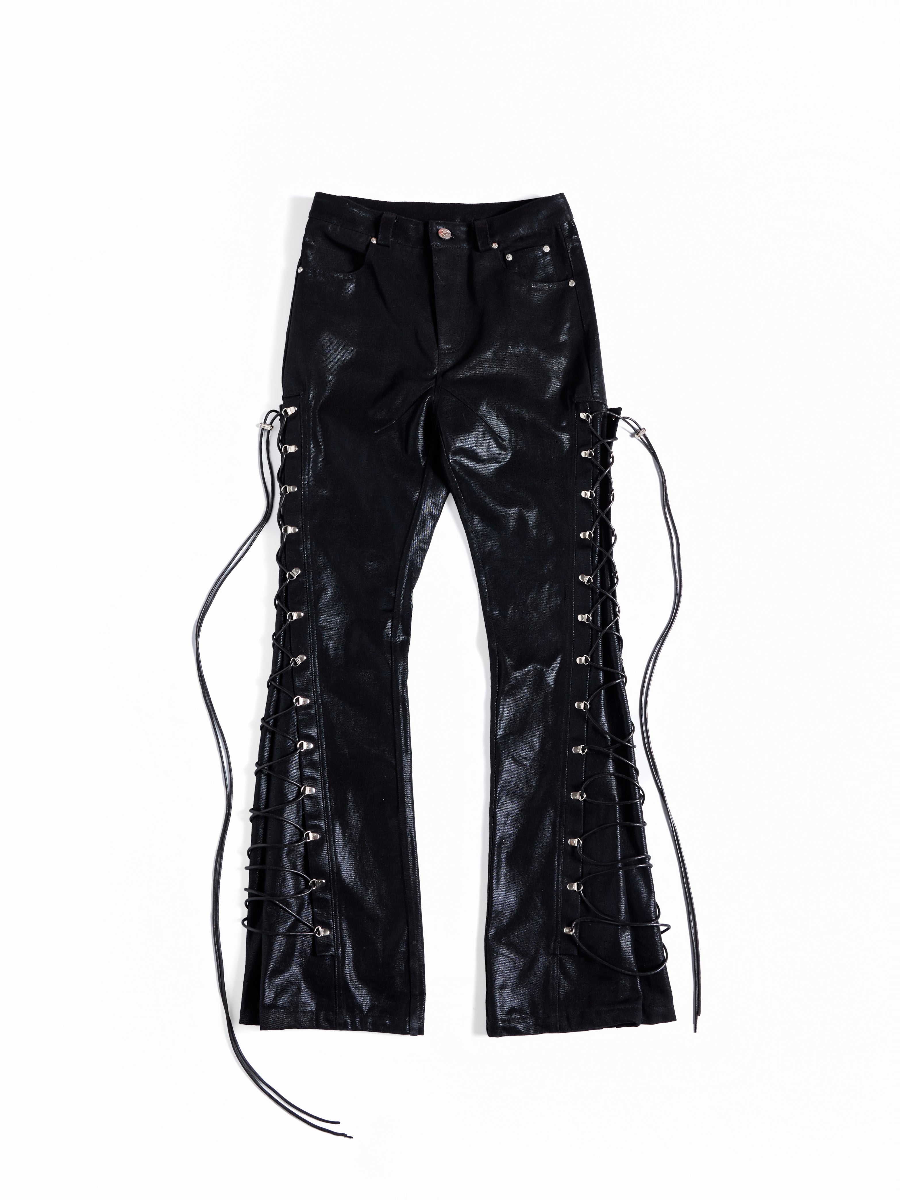 FLYERRER Wax‑Cord Strap Boot‑Cut Faux‑Leather Pants FR374