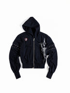 Flyerrer Punk Cropped Wax‑Cord Strap‑Sleeve Zip‑Up Hoodie  FR377