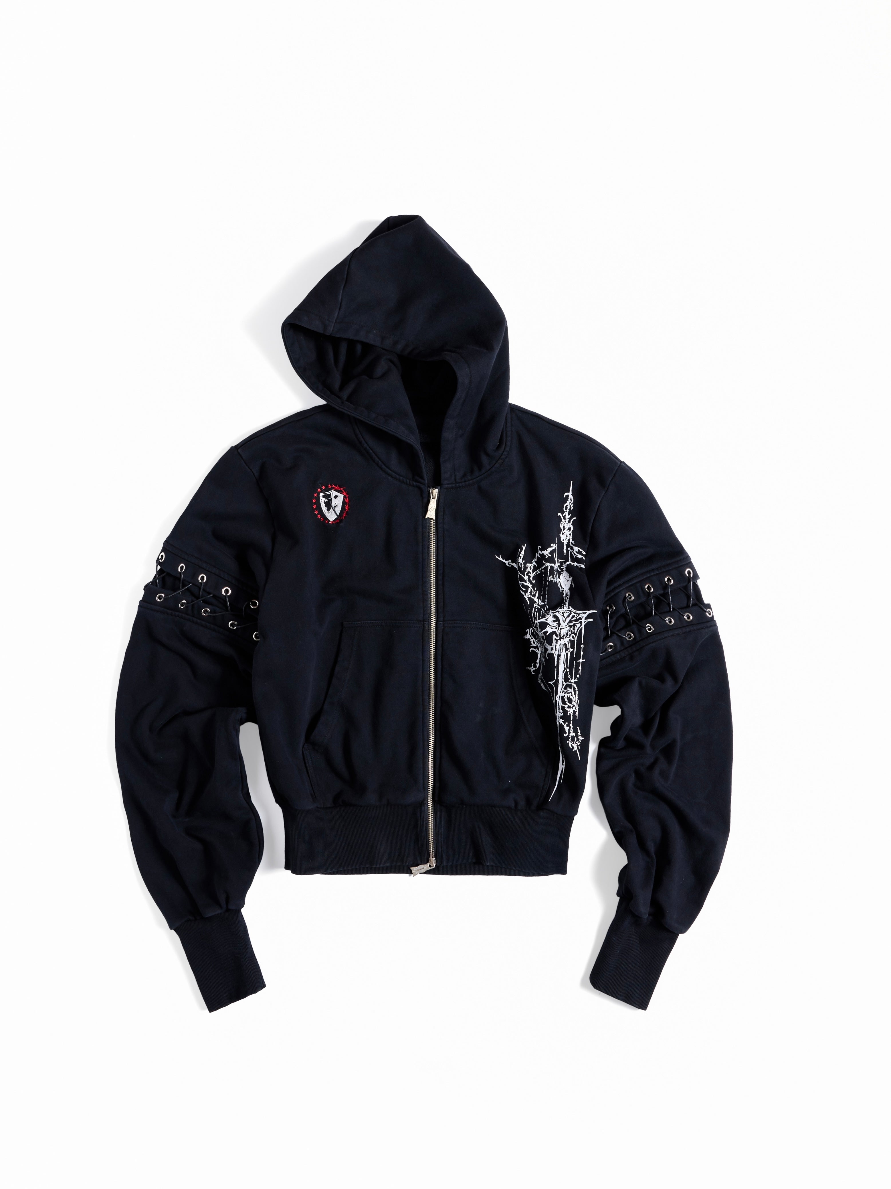 Flyerrer Punk Cropped Wax‑Cord Strap‑Sleeve Zip‑Up Hoodie  FR377