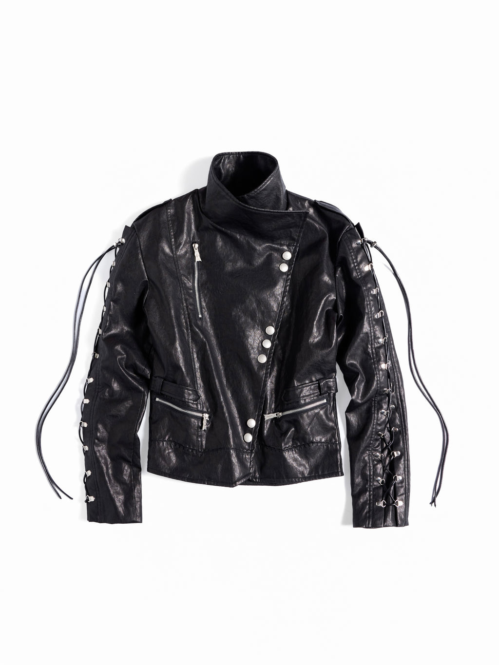 Flyerrer Punk Wax‑Cord Strap Asymmetrical Cropped Faux‑Leather Jacket FR375