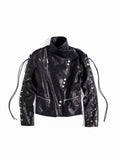 Flyerrer Punk Wax‑Cord Strap Asymmetrical Cropped Faux‑Leather Jacket FR375