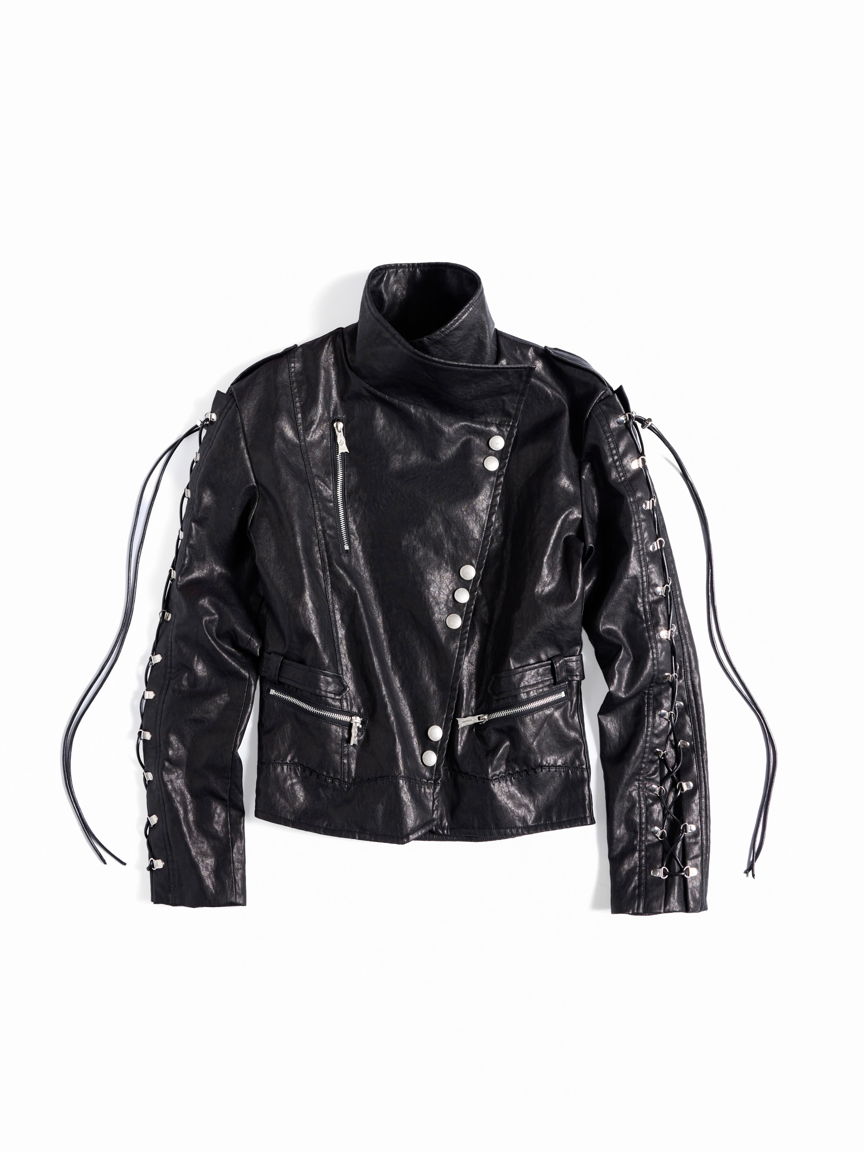 Flyerrer Punk Wax‑Cord Strap Asymmetrical Cropped Faux‑Leather Jacket FR375
