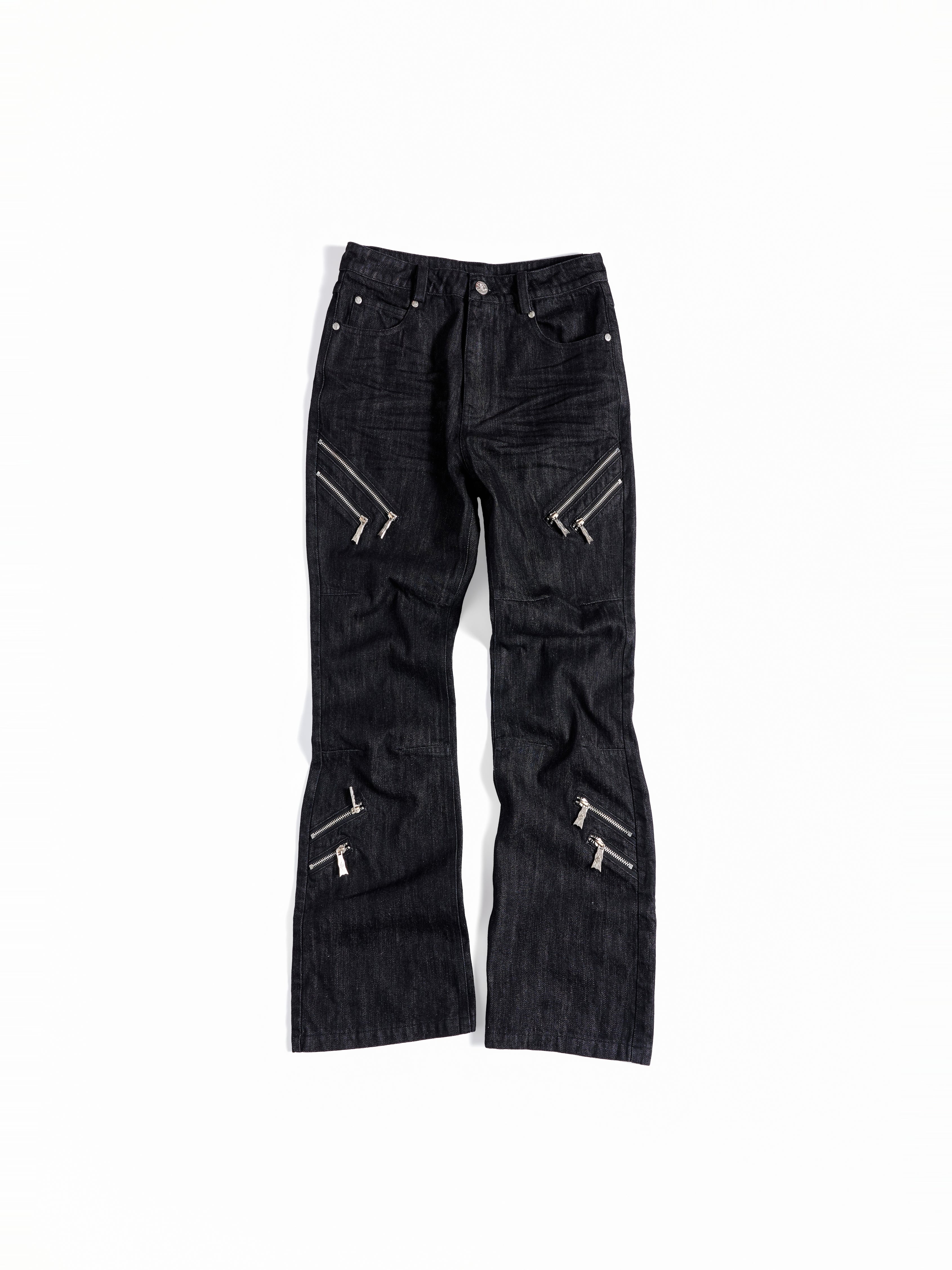 FLYERRER Deconstructed Multi‑Zipper Stud Black Jeans FR373