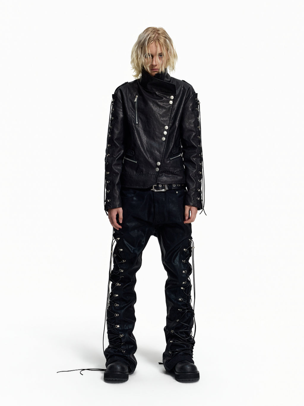 Flyerrer Punk Wax‑Cord Strap Asymmetrical Cropped Faux‑Leather Jacket FR375