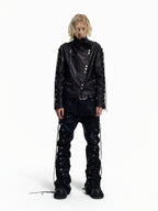 Flyerrer Punk Wax‑Cord Strap Asymmetrical Cropped Faux‑Leather Jacket FR375