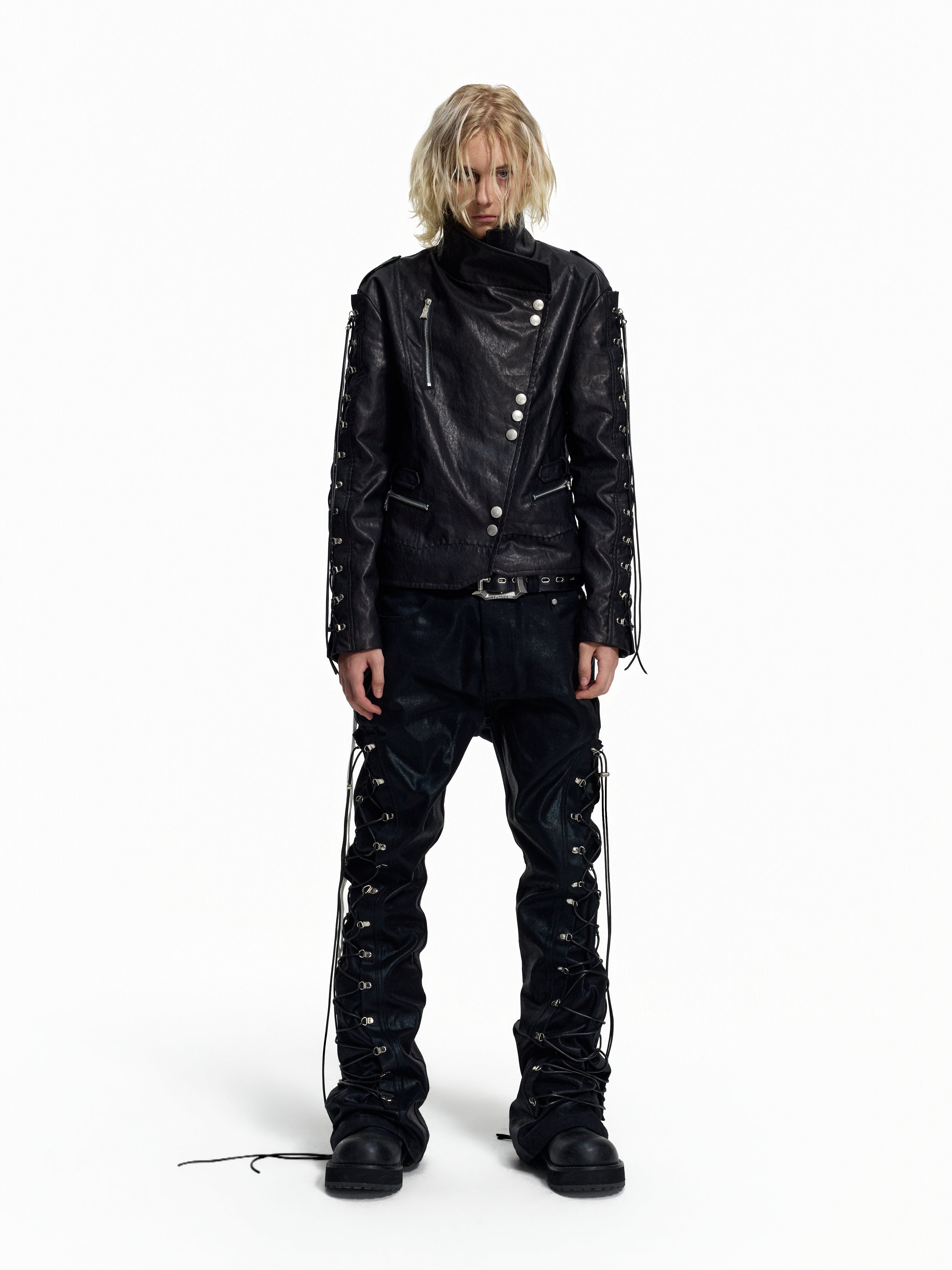 Flyerrer Punk Wax‑Cord Strap Asymmetrical Cropped Faux‑Leather Jacket FR375