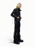 Flyerrer Punk Wax‑Cord Strap Asymmetrical Cropped Faux‑Leather Jacket FR375