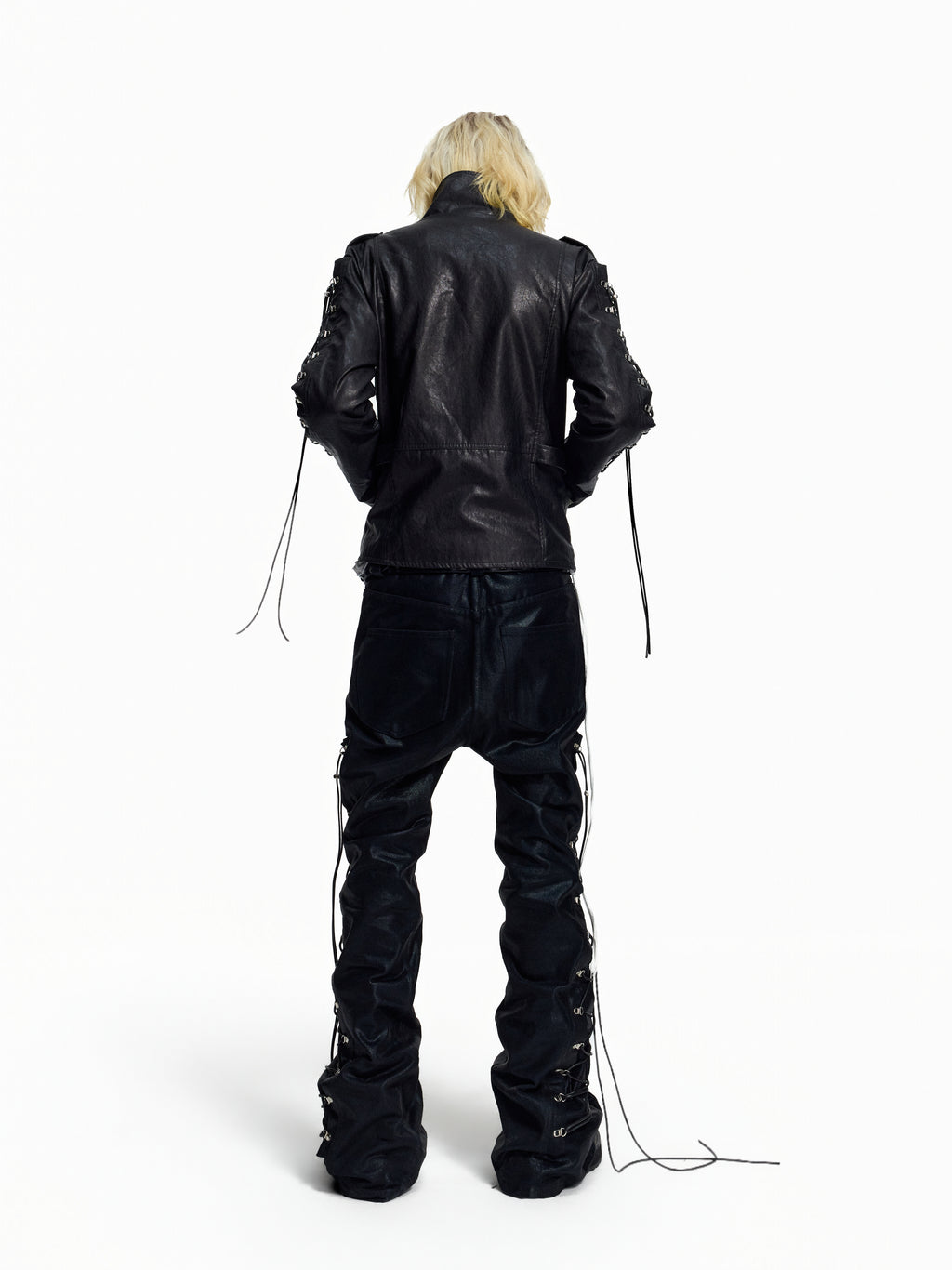 Flyerrer Punk Wax‑Cord Strap Asymmetrical Cropped Faux‑Leather Jacket FR375