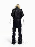 Flyerrer Punk Wax‑Cord Strap Asymmetrical Cropped Faux‑Leather Jacket FR375