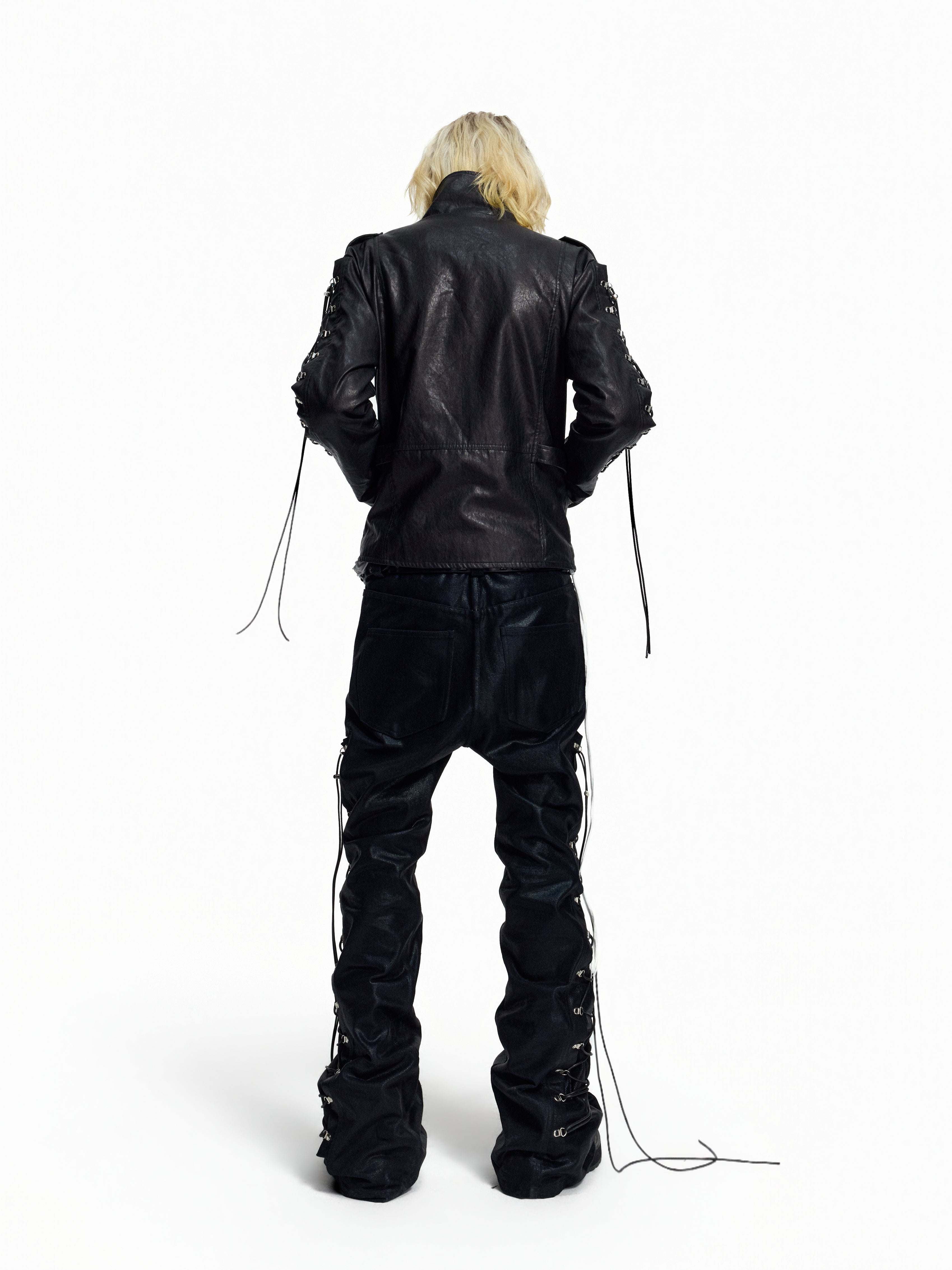 Flyerrer Punk Wax‑Cord Strap Asymmetrical Cropped Faux‑Leather Jacket FR375