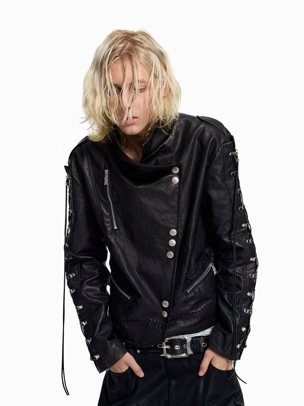 Flyerrer Punk Wax‑Cord Strap Asymmetrical Cropped Faux‑Leather Jacket FR375