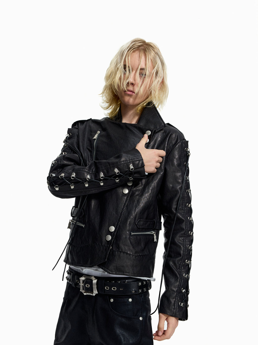 Flyerrer Punk Wax‑Cord Strap Asymmetrical Cropped Faux‑Leather Jacket FR375