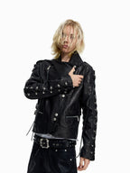 Flyerrer Punk Wax‑Cord Strap Asymmetrical Cropped Faux‑Leather Jacket FR375