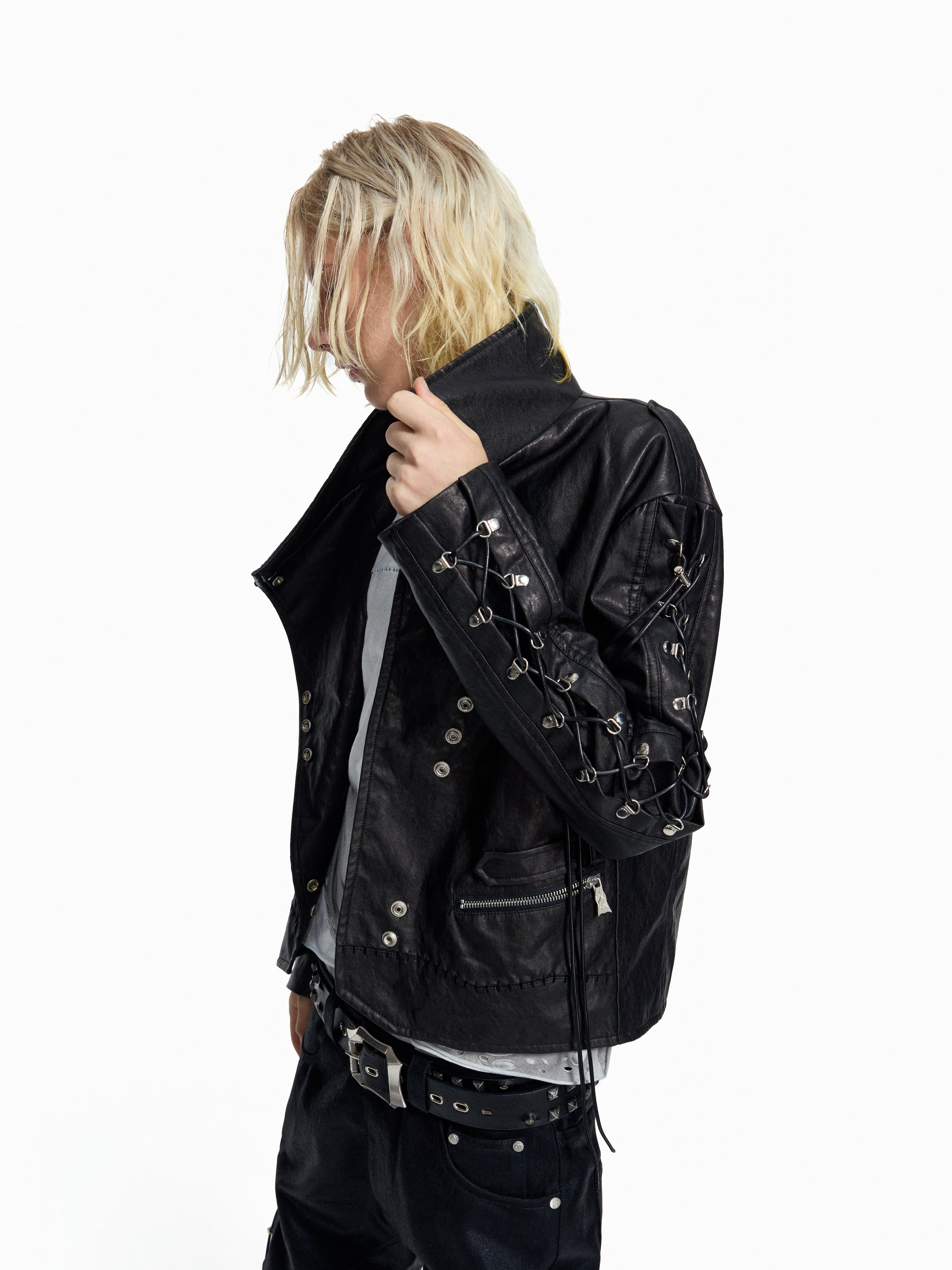 Flyerrer Punk Wax‑Cord Strap Asymmetrical Cropped Faux‑Leather Jacket FR375