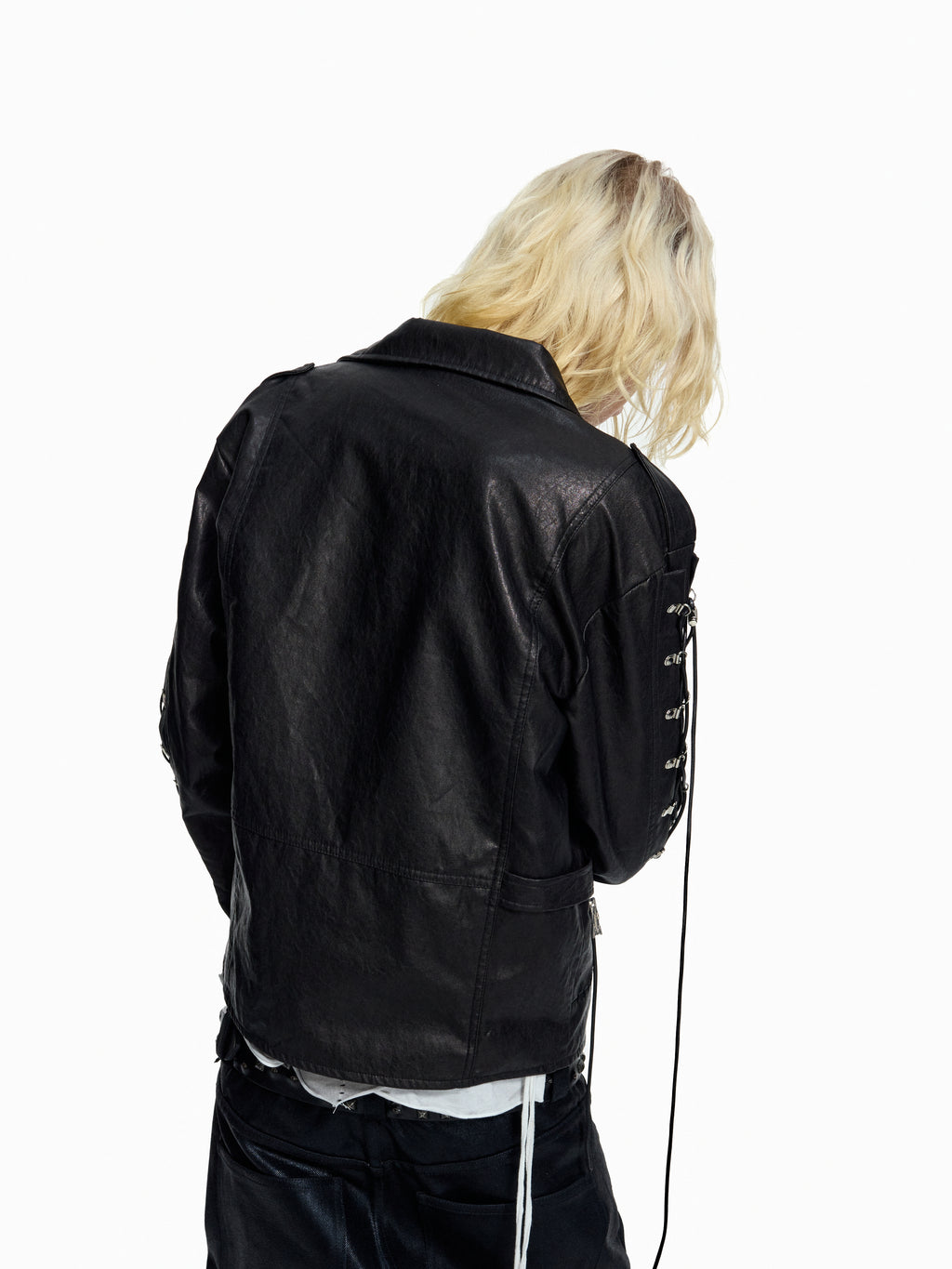 Flyerrer Punk Wax‑Cord Strap Asymmetrical Cropped Faux‑Leather Jacket FR375