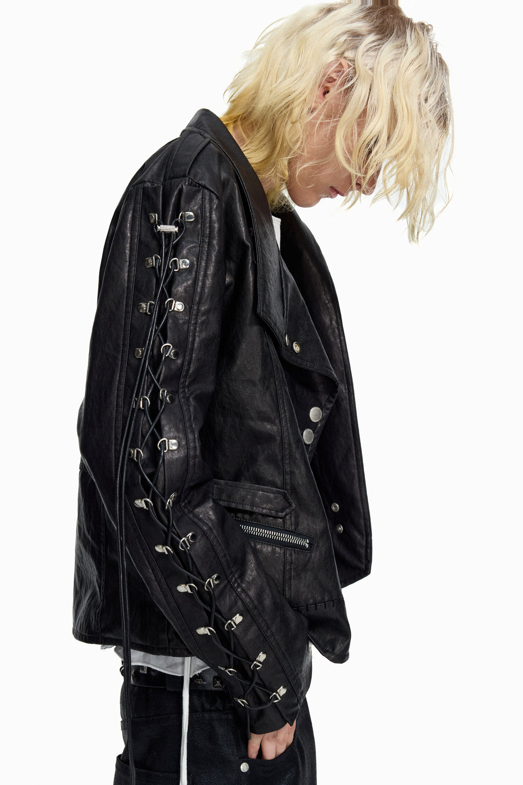 Flyerrer Punk Wax‑Cord Strap Asymmetrical Cropped Faux‑Leather Jacket FR375