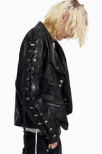 Flyerrer Punk Wax‑Cord Strap Asymmetrical Cropped Faux‑Leather Jacket FR375