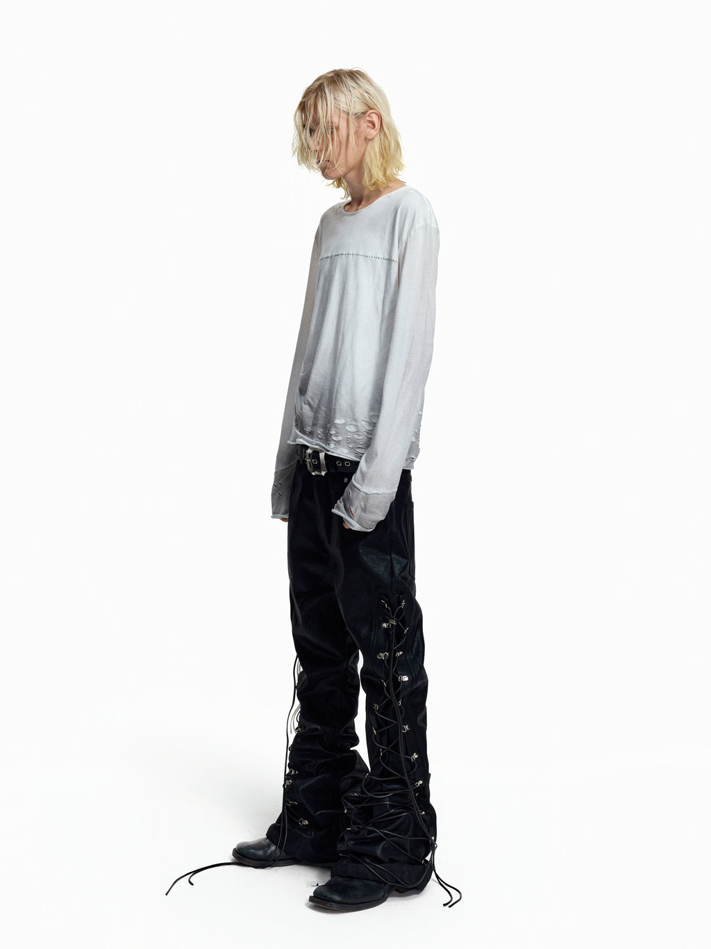 FLYERRER Wax‑Cord Strap Boot‑Cut Faux‑Leather Pants FR374